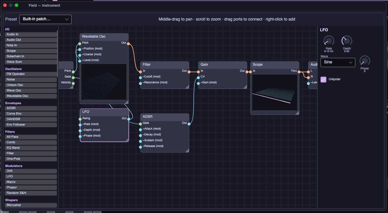 Field modular instrument with node graph, module library and parameter inspector.
