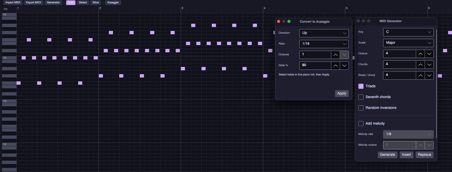 Ongenet piano roll with chord generator and arpeggio dialogs.