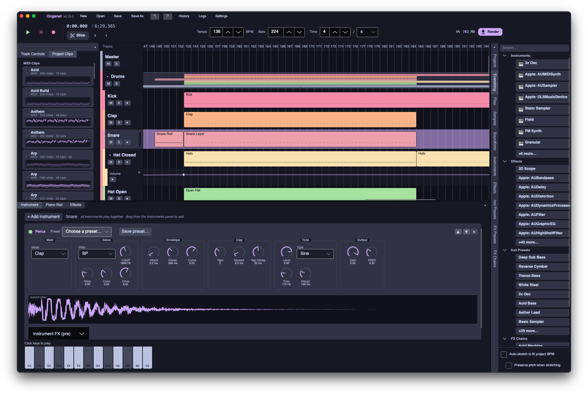 The Ongenet main window — transport bar, track inspector, arrange timeline, library browser and instrument editor.