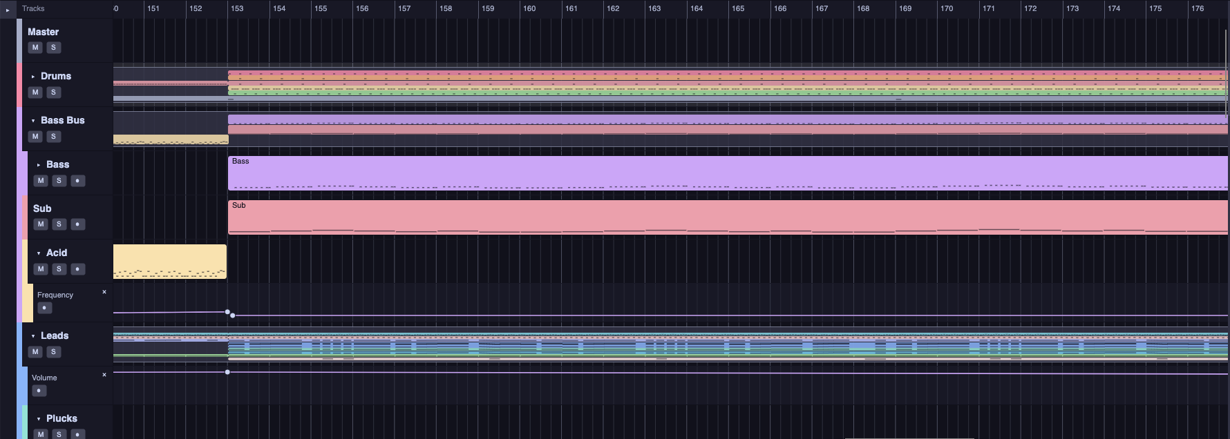 Ongenet arrange view with grouped tracks, clips and automation lanes.